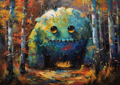 A whimsical painting of a friendly forest monster with vibrant colors.