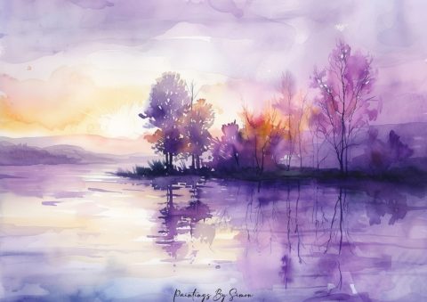 Watercolor Sunset Serenity Scene, Peaceful Dusk Art Print 5"x7" on Matte Paper
