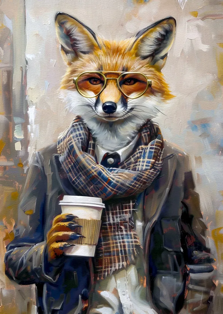 Hipster Fox Coffee Print on Matte Paper | Quirky Wildlife Art
