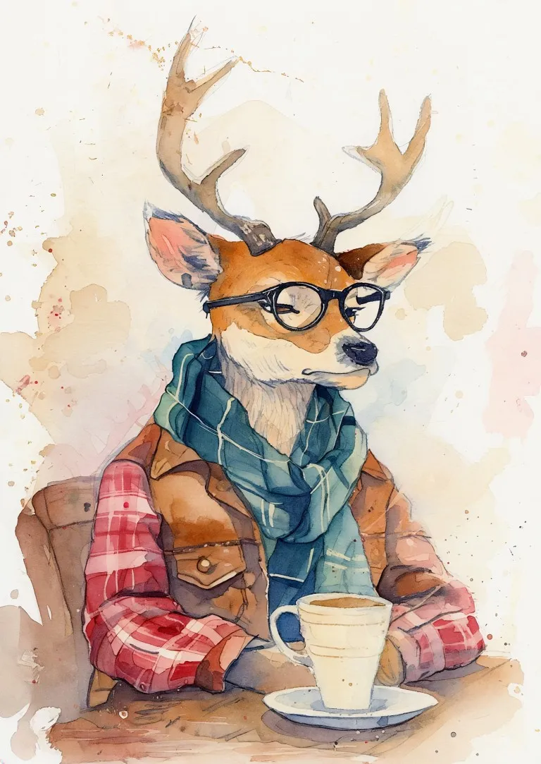 Hipster Deer Café Print on Matte Paper | Quirky Animal Wall Art