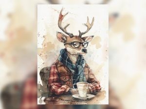 Hipster Deer in Café, Watercolor Painting Print 5"x7" on Matte Paper