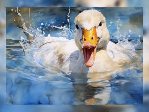 Watercolor painting of a splashing duck with water droplets flying