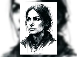 Captivating Gaze, Elegant Charcoal Portrait Sketch Print 5"x7" on Matte Paper