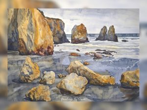 Majestic coastal rocks watercolor illustration