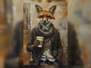 Dapper Fox with Coffee - Anthropomorphic Oil Painting Print 5"x7" on Matte Paper