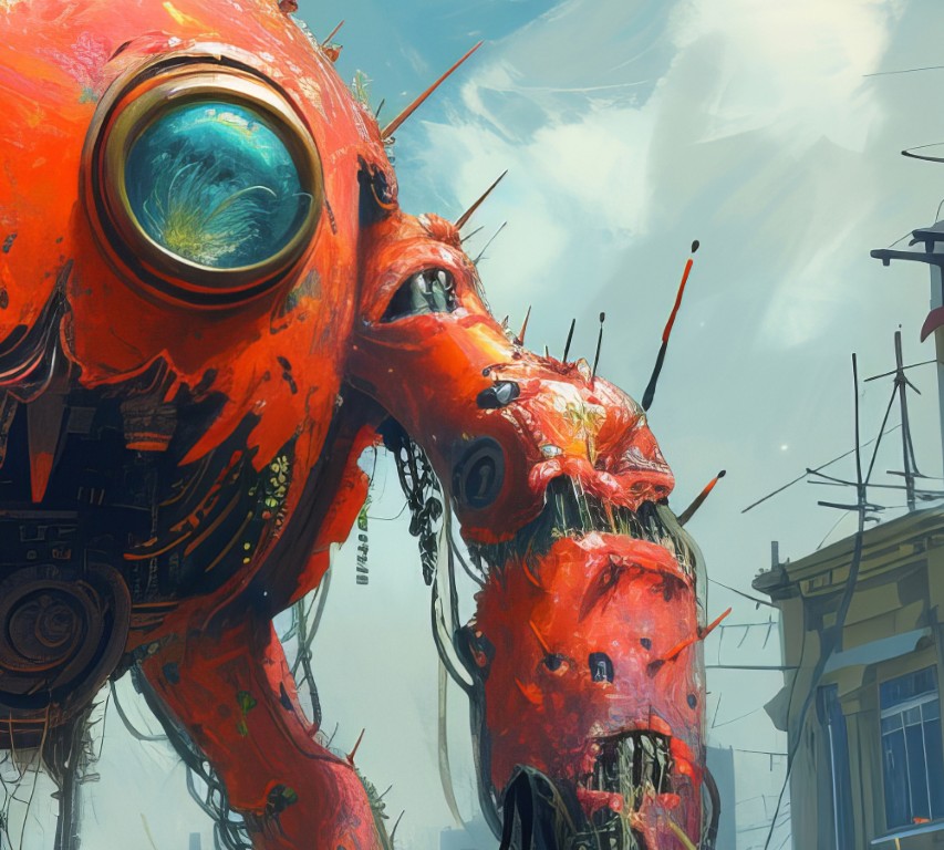 Futuristic robot against urban background