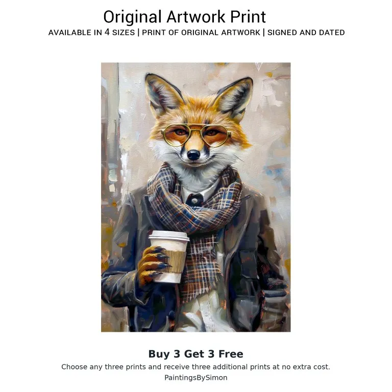 Hipster Fox Coffee Print on Matte Paper | Quirky Wildlife Art