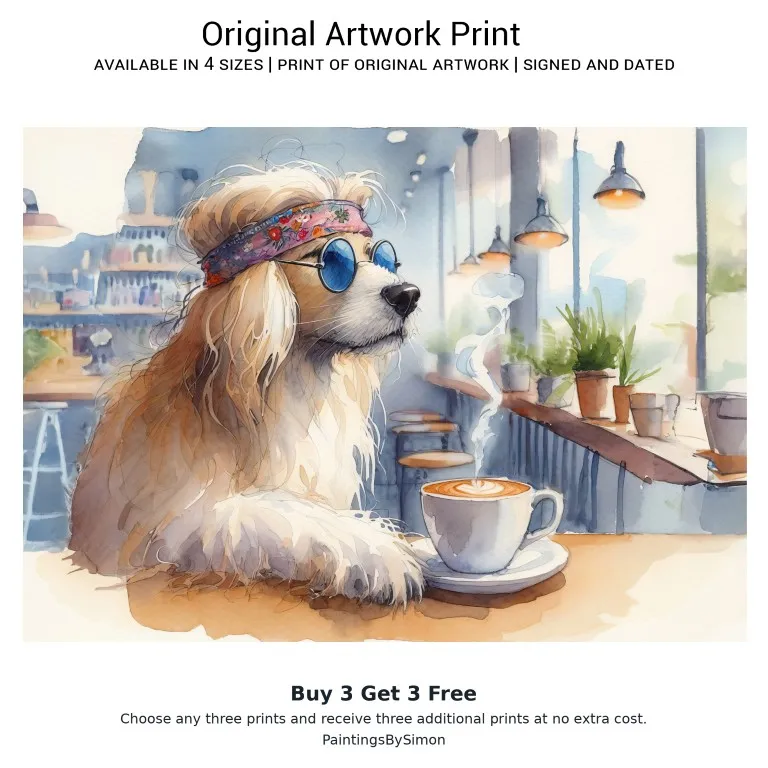 Hipster Dog Coffee Print on Matte Paper | Funny Dog Wall Art
