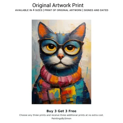 Hipster Cat Print on Matte Paper | Colourful Feline Wall Art