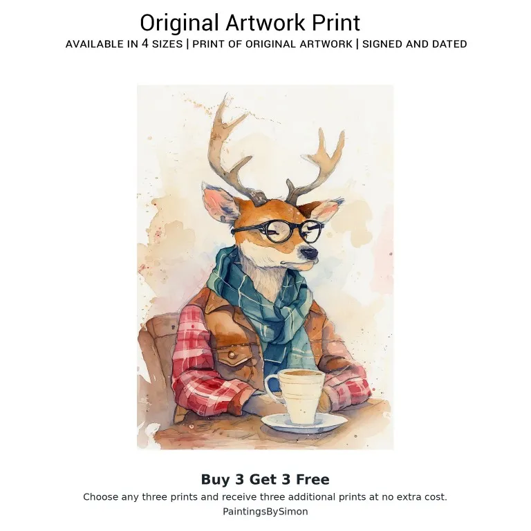 Hipster Deer Café Print on Matte Paper | Quirky Animal Wall Art