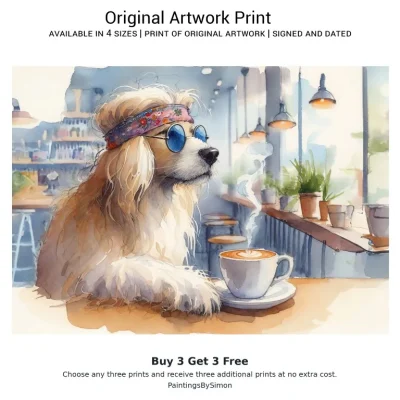 Hipster Dog Coffee Print on Matte Paper | Funny Dog Wall Art