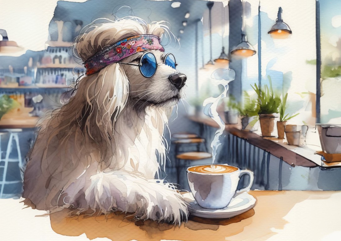 Hipster dog with headband enjoying coffee