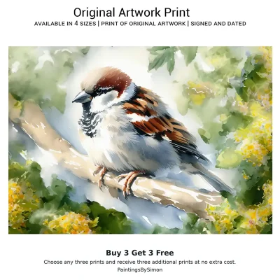 Sparrow Branch Print on Matte Paper | Garden Bird Wall Art