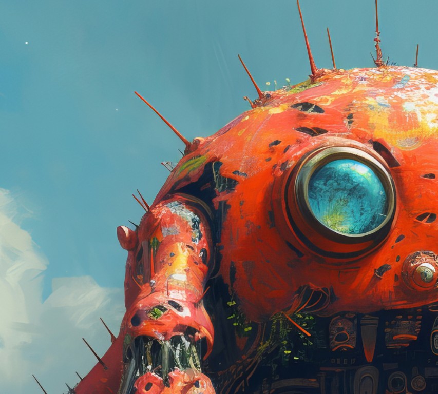 Intricate mechanical details on red robot