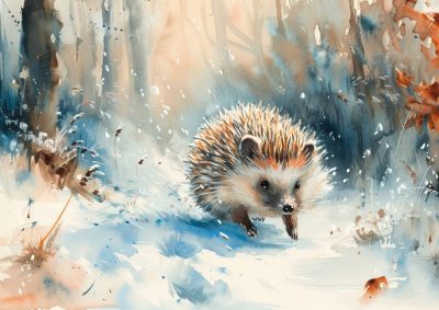 Charming hedgehog in snowy forest