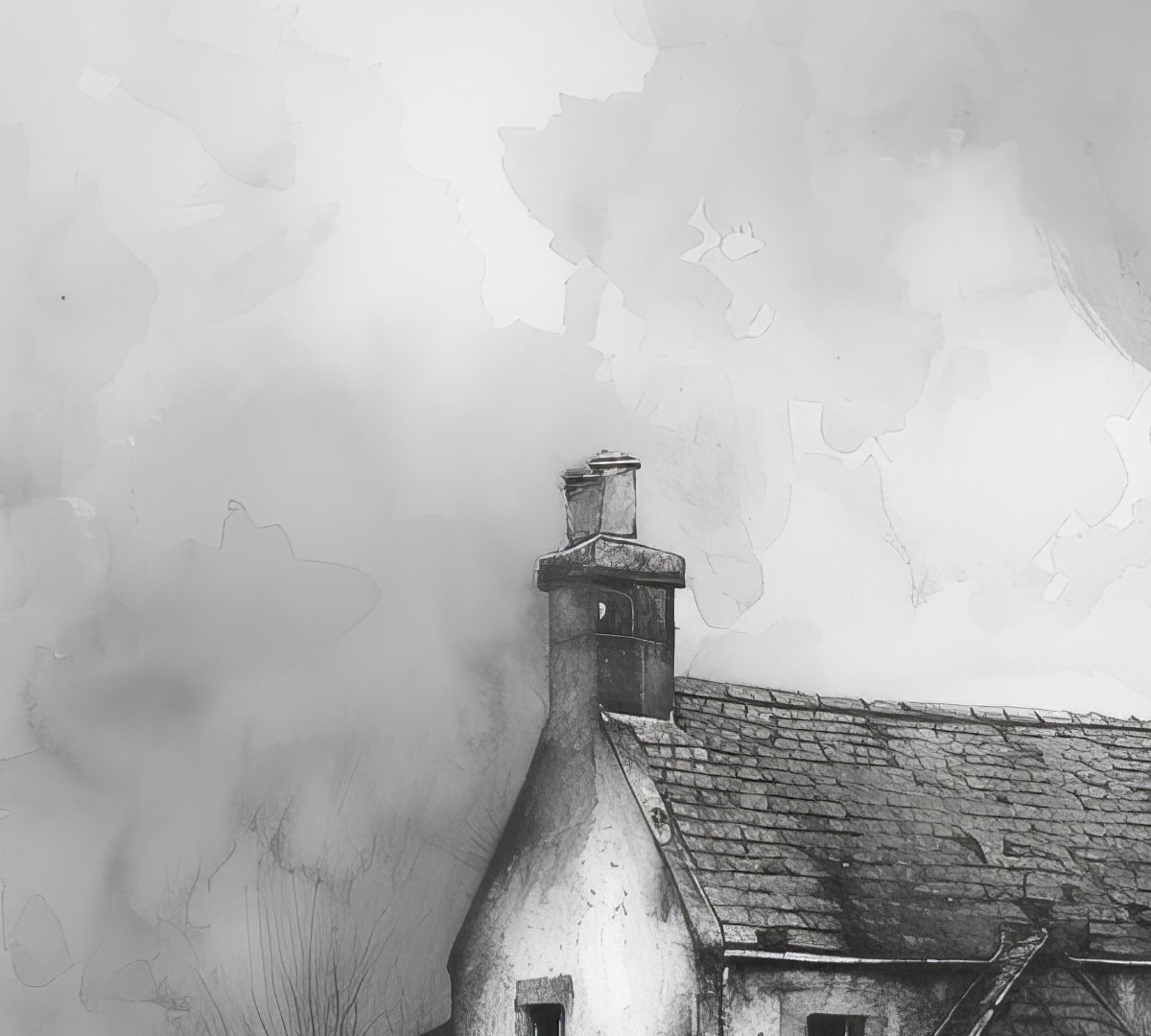 Timeless monochrome artwork of a cottage in stillness