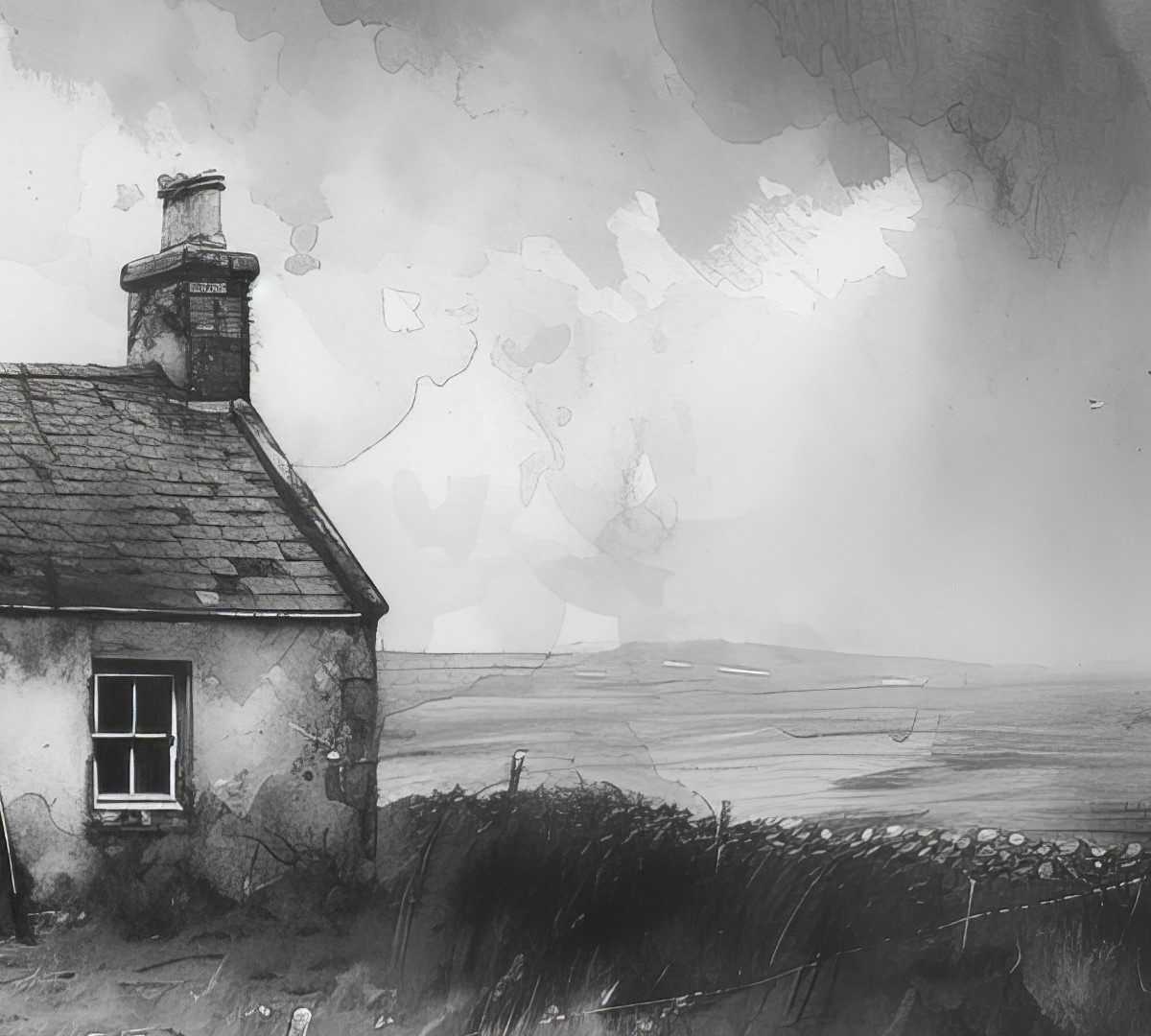Weathered cottage standing alone in tranquil countryside art