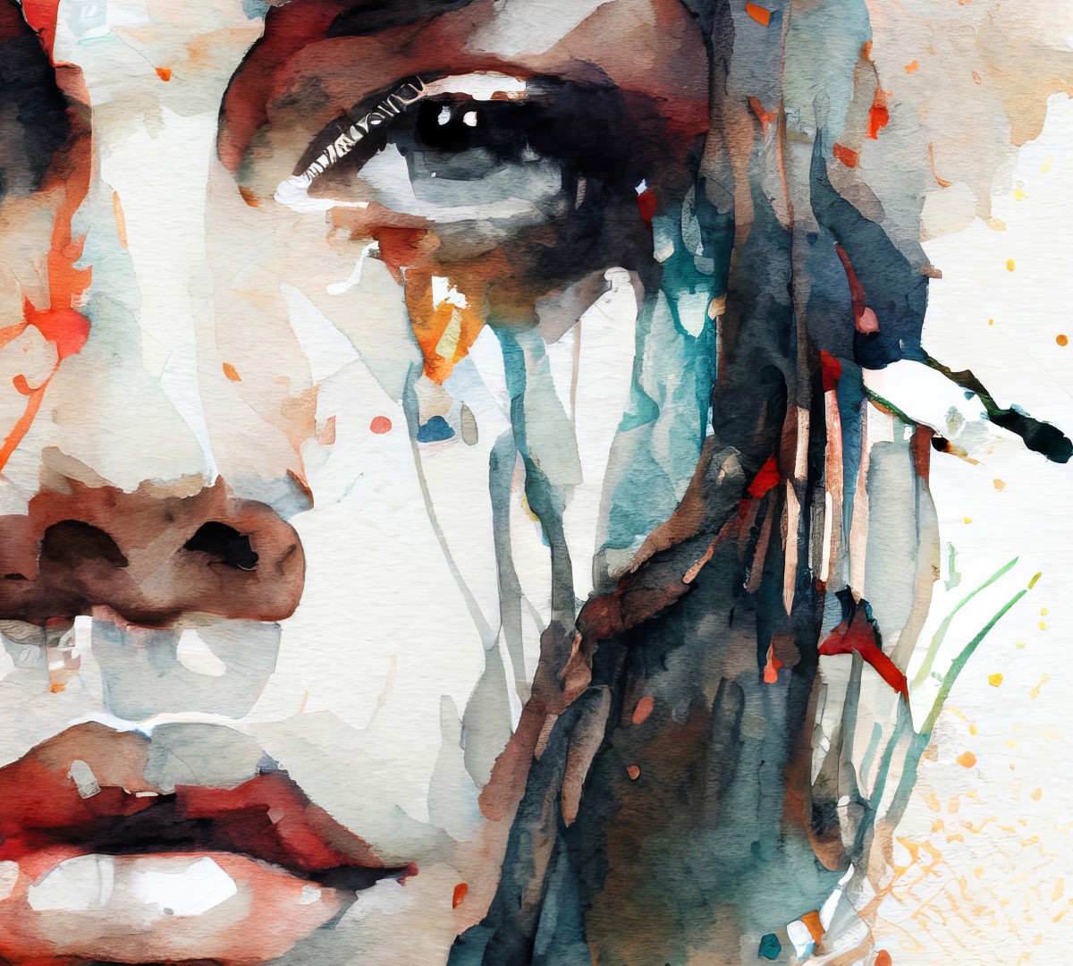 Abstract watercolor facial portrait with emotive splashes