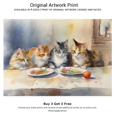 Four Cats Watercolour Print on Matte Paper | Whiskers Wall Art