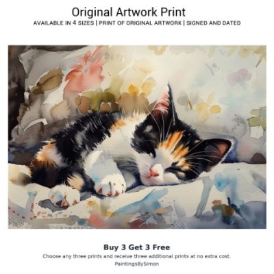 Adorable Calico Cat watercolor artwork print, perfect for pet lovers seeking a touch of whimsy and warmth for their walls.