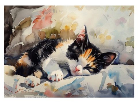 Adorable Calico Cat watercolor artwork print, perfect for pet lovers seeking a touch of whimsy and warmth for their walls.