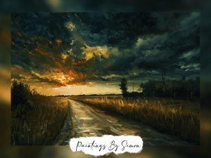 Darkening skies over a rural path at dusk painting.