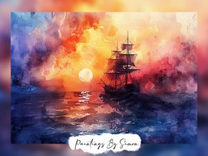 A ship's voyage into dusk depicted with watercolor brilliance.