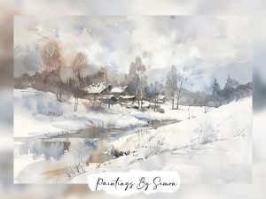 Snowy Winter Landscape countryside scene in watercolor