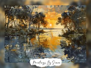 Watercolor of serene sunset over calm waters