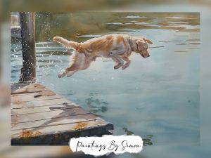 Watercolor of a dog's joyful leap off a dock