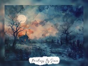 Moonlit ruins nightscape with the remnants of a fence and bare trees under a twilight sky.