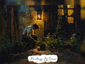 Thoughtful figure surrounded by greenery in the city night.
