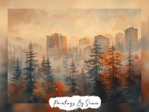 A city skyline at dusk, its outlines softened amidst the fiery colors of autumn trees.