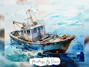 Fishing boat resting in calm coastal waters in watercolor.
