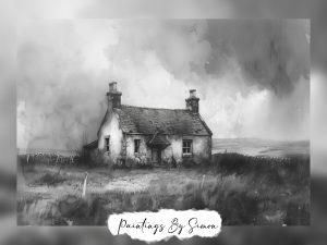Monochrome painting of a solitary cottage in the countryside
