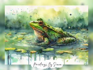 Watercolor painting of a frog on a lily pad in a pond