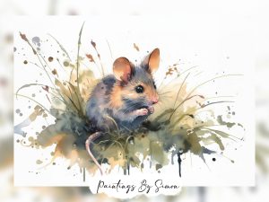 Watercolor painting of a mouse peeking through meadow grass