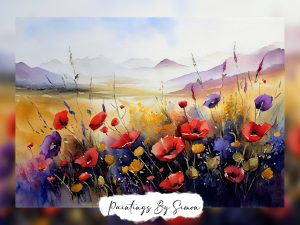 Watercolor landscape with wildflowers and distant mountains