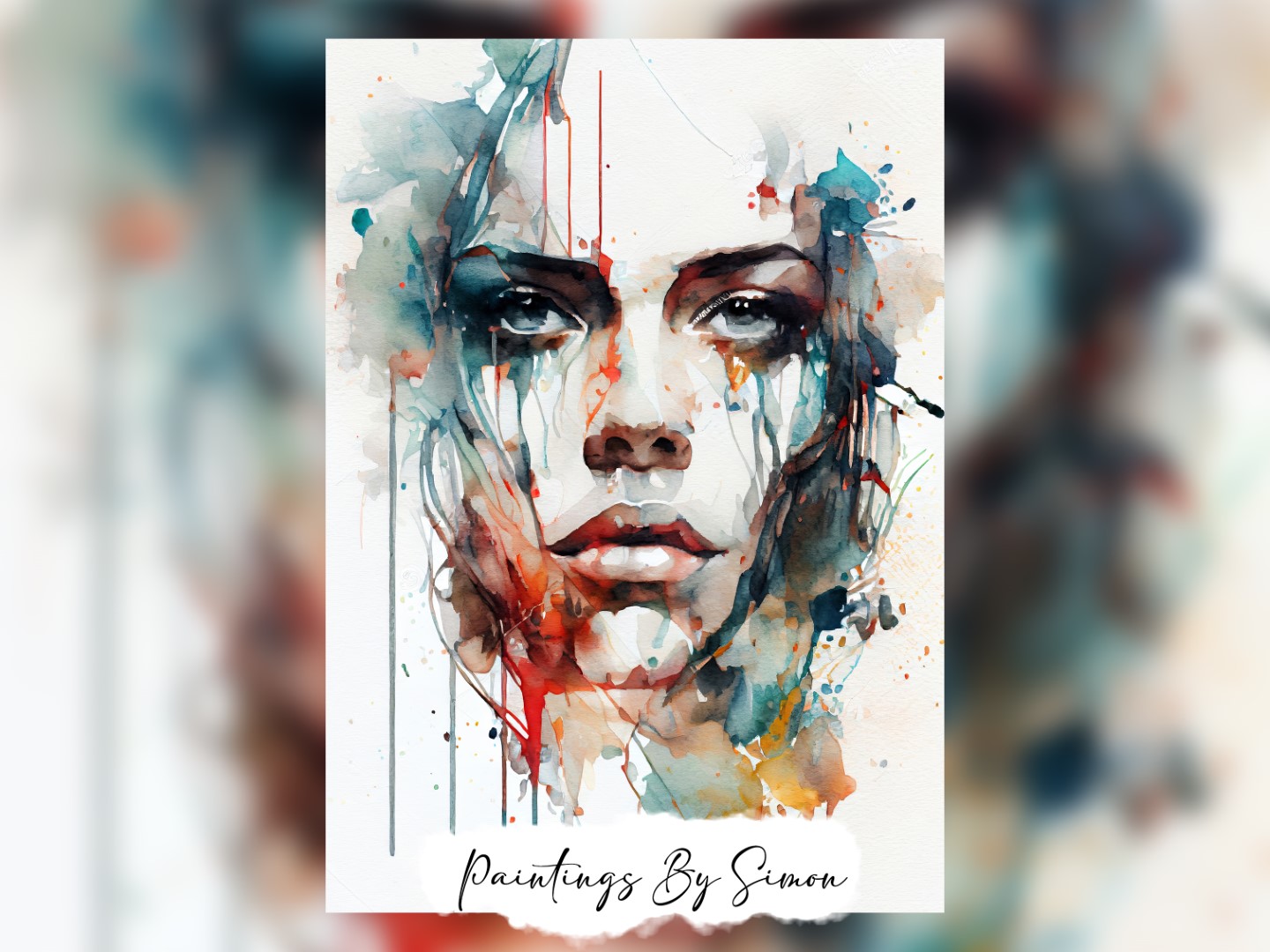 Emotive watercolor portrait with vibrant colors and intense gaze