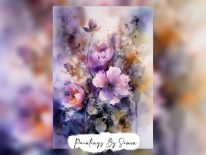 Vibrant floral watercolor painting with purple and peach flowers