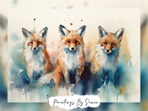 Trio of foxes in a vivid watercolor art piece.