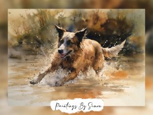 Watercolor art showcasing the lively spirit of a splashing dog