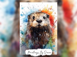 Inquisitive otter captured in colorful watercolor artwork.