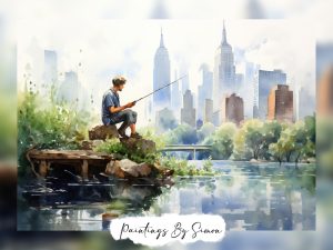 Painterly cityscape with a fisherman enjoying the quiet of urban fishing.