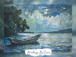 A watercolor depiction of a solitary canoe floating on a serene blue lake with lush trees.
