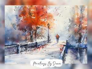 Watercolor painting of a person on an autumn stroll with vibrant leaves.