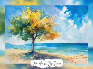 Artistic depiction of a lone tree on a serene beachscape