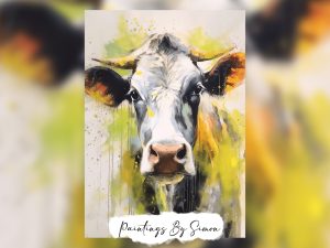 Abstract cow art with a colorful background.