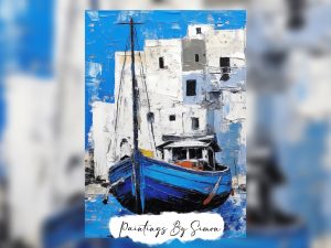 Serene painting of a blue boat against white buildings.