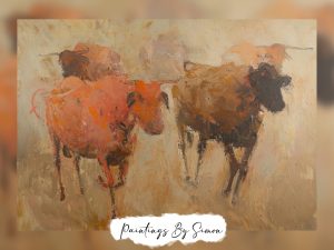 Dynamic painting of abstract cows with bold colors.